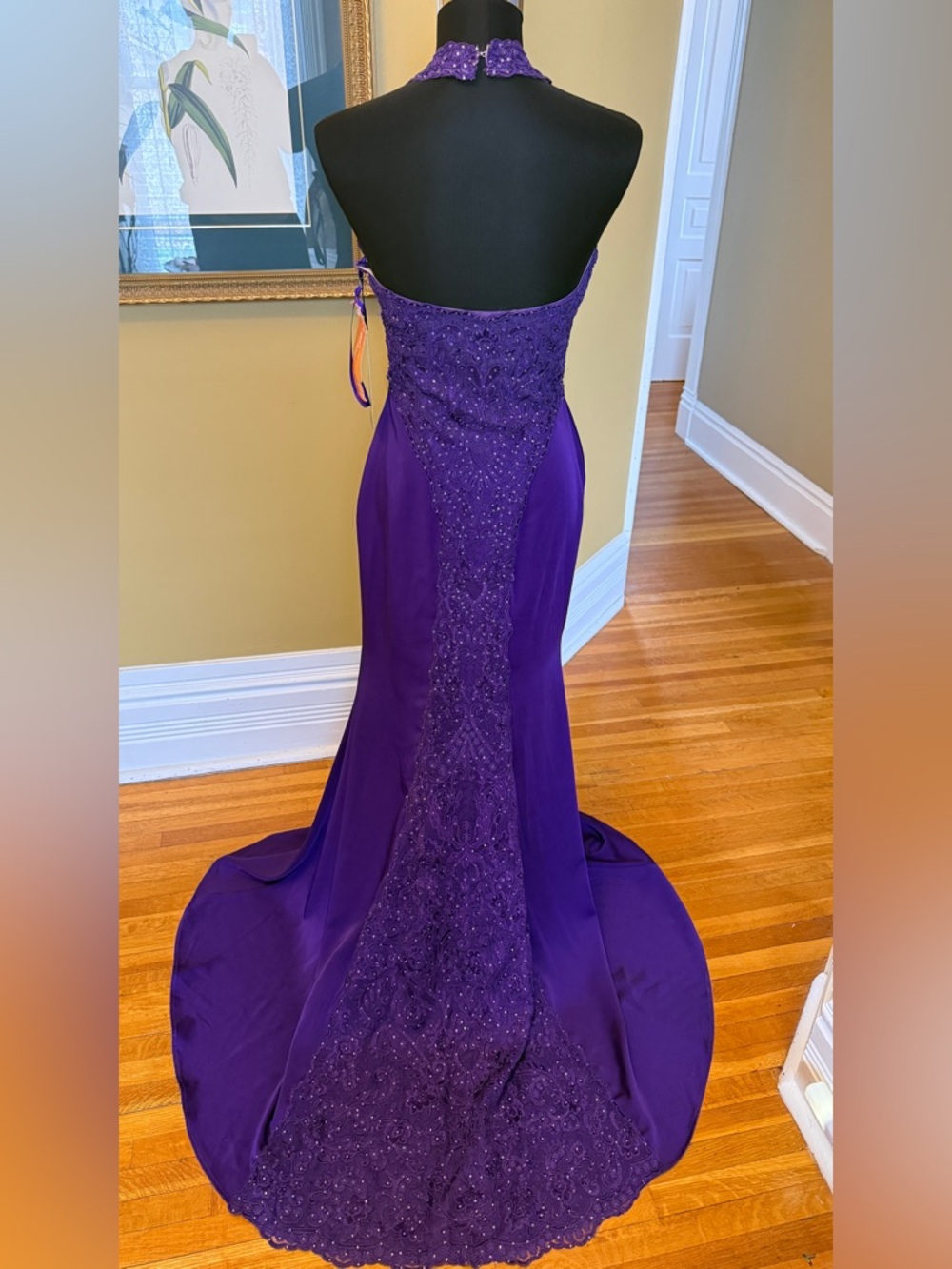 Elegant Purple Halter Prom Dress with Beaded Train